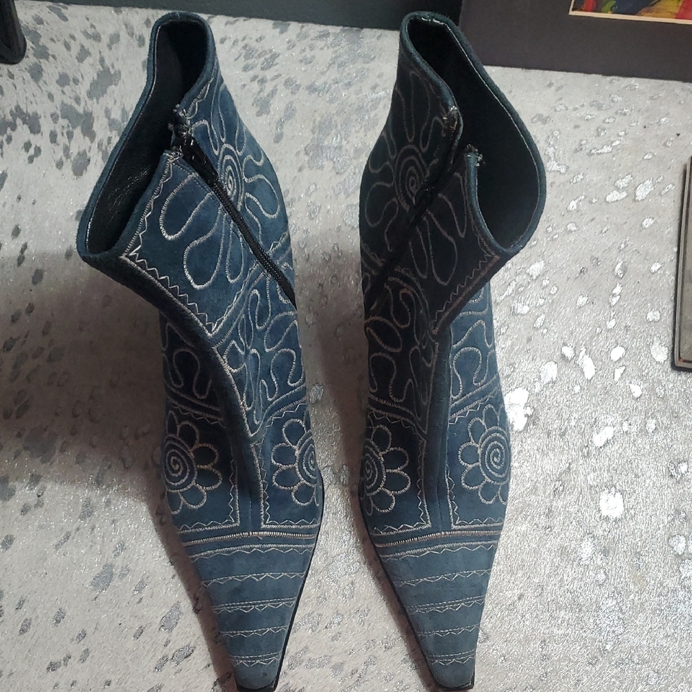 Via Spiga Navy Embroidered Heeled Boots